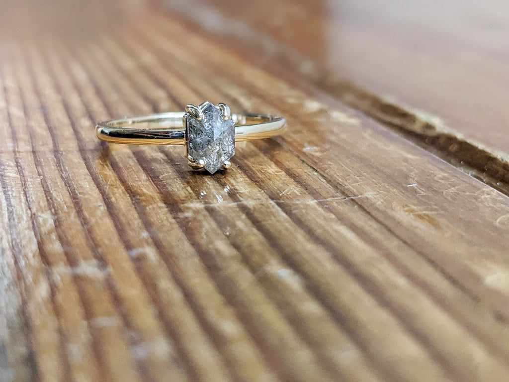 Bright 0.5ct Raw Diamond, Salt and Pepper, Hexagon, Unique Engagement Ring, Rose Cut Geometric Diamond Ring, 14k Gold, Custom Handmade