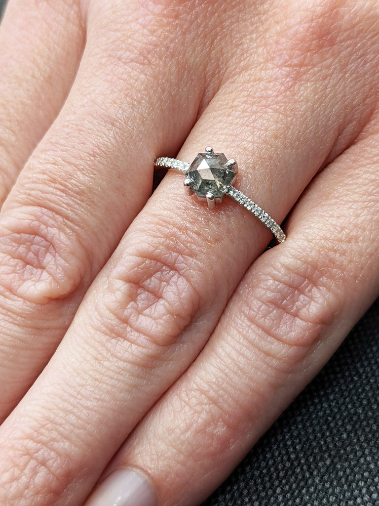 1920's Raw Salt and Pepper Diamond, Hexagon Diamond Ring, Unique Engagement Bridal Set, Black, Gray Hexagon, 14k Yellow, Rose, or White Gold