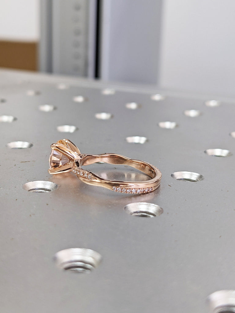 Morganite diamond Engagement Ring, Braided Morganite and Diamond Ring, Dainty Twist Diamond ring, twisted Band Wedding Ring