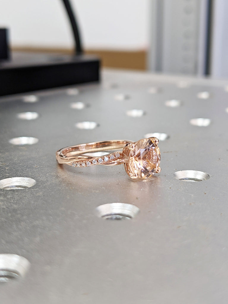 Morganite diamond Engagement Ring, Braided Morganite and Diamond Ring, Dainty Twist Diamond ring, twisted Band Wedding Ring