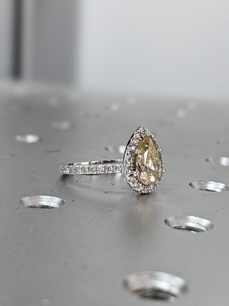 Yellow Moissanite Engagement Ring, Canary Yellow Engagement Ring, 14K Solid Gold Halo Ring, pear halo, Anniversary Ring, White Gold Ring