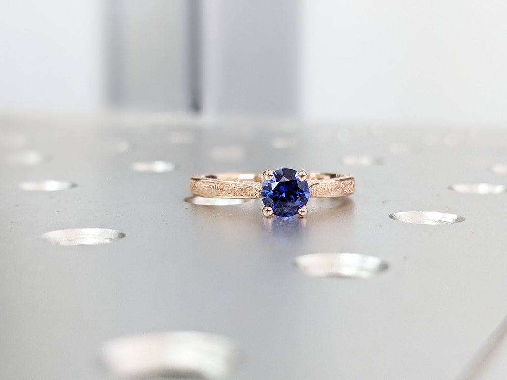 Blue Sapphire Engagement Ring, Vintage Inspired Sapphire Ring, Rose/Yellow/White Gold Round Sapphire Ring, Sapphire Ring