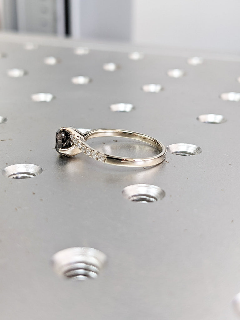 Raw Salt And Pepper Diamond engagement Ring, Twisted Band Wedding Ring, Swirl solitaire ring, Unique Hidden Halo Diamond ring