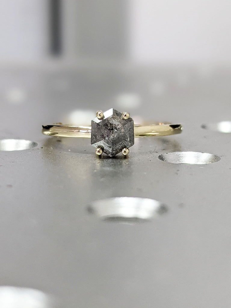 Raw Diamond, Salt and Pepper, Hexagon, Unique Engagement Ring, Rose Cut Geometric Diamond Ring, 14k Gold, Custom Handmade