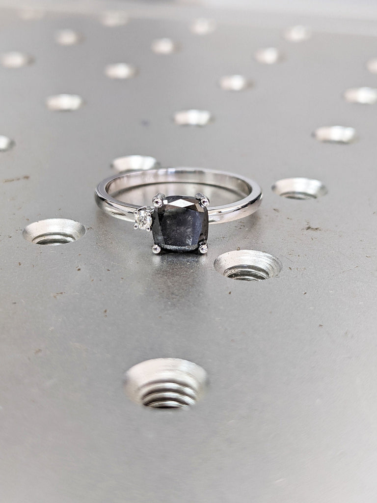 Salt and Pepper Diamond Ring, Gray Diamond Engagement ring, Cushion Diamond Engagement ring, 2 stone ring, 14K Solid Rose White Yellow Gold