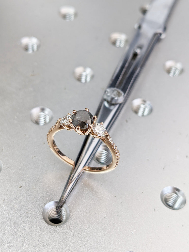 Raw Salt And Pepper Diamond Ring White Gold Three Stone Salt And Pepper Diamond Anniversary Ring, 3 Stone Ring, three stone ring