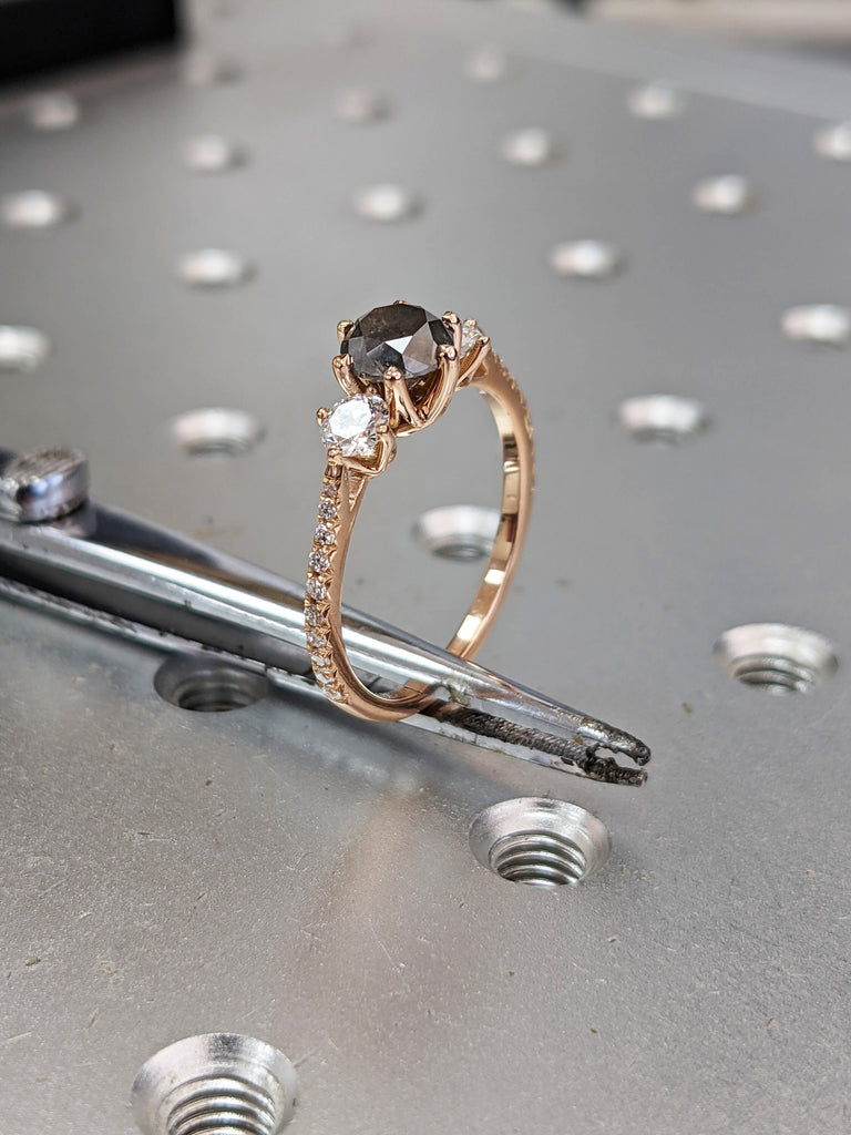 Raw Salt And Pepper Diamond Ring White Gold Three Stone Salt And Pepper Diamond Anniversary Ring, 3 Stone Ring, three stone ring