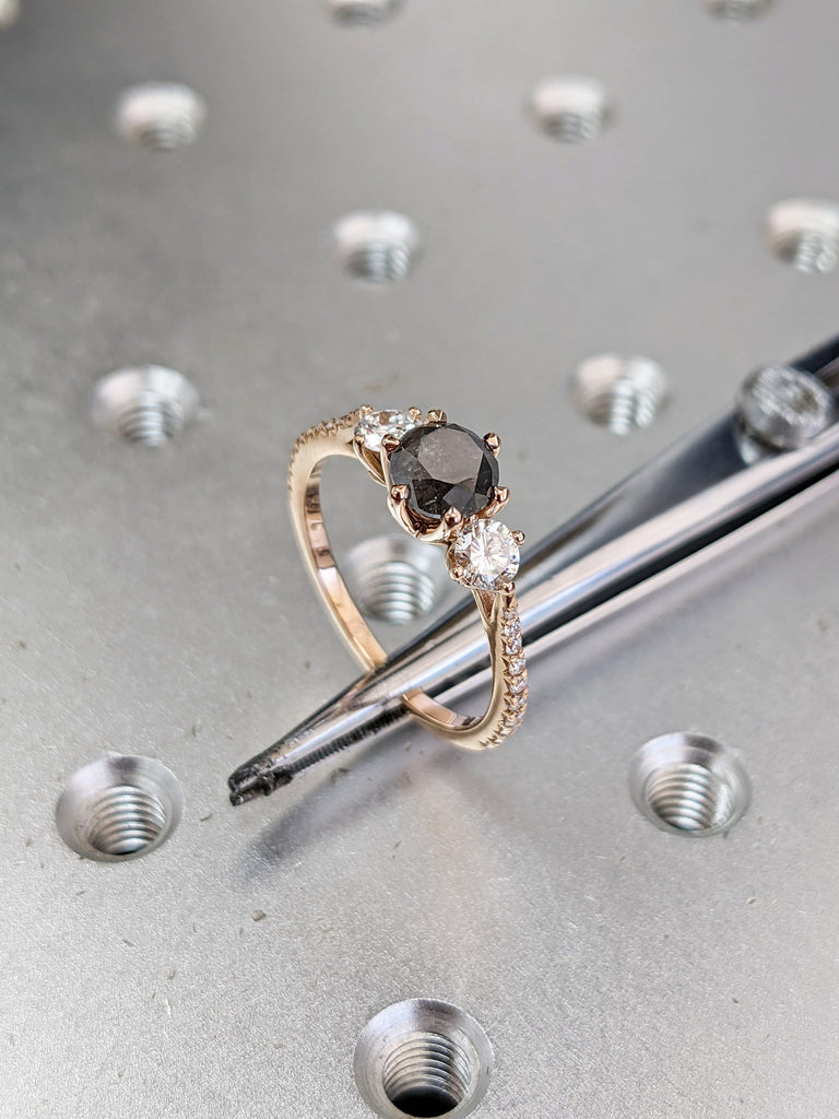 Raw Salt And Pepper Diamond Ring White Gold Three Stone Salt And Pepper Diamond Anniversary Ring, 3 Stone Ring, three stone ring