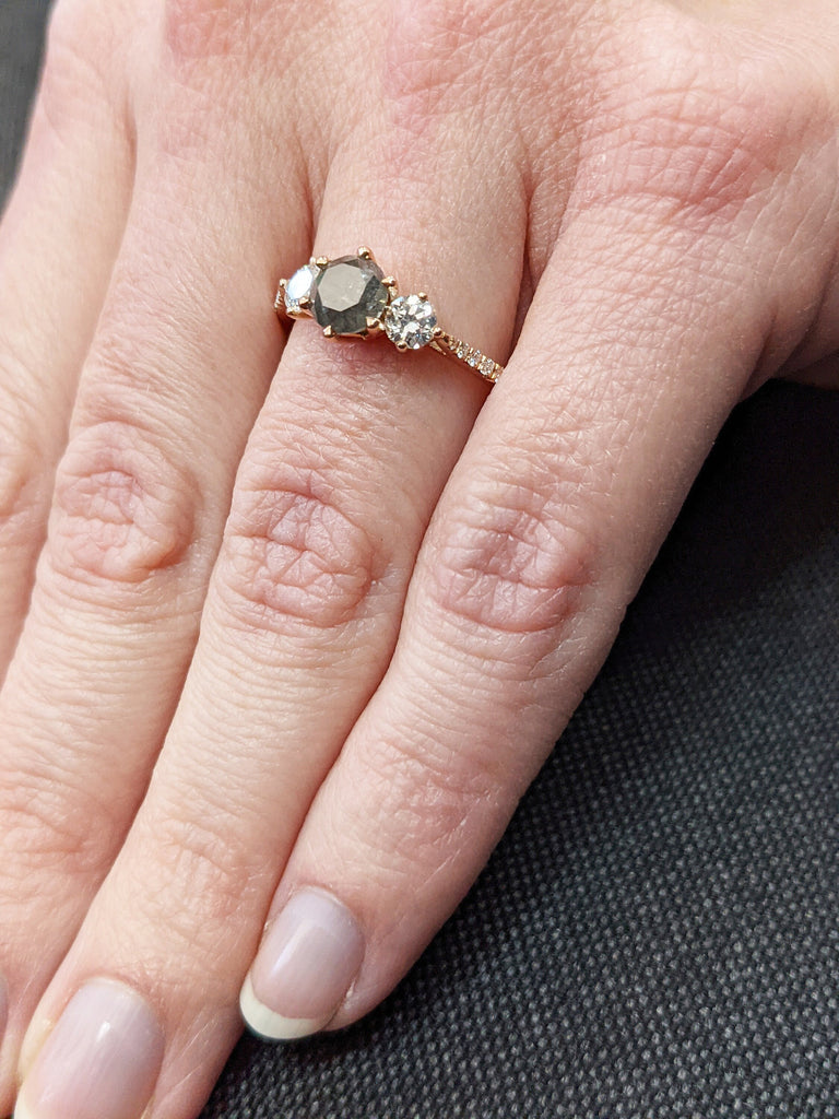 Raw Salt And Pepper Diamond Ring White Gold Three Stone Salt And Pepper Diamond Anniversary Ring, 3 Stone Ring, three stone ring