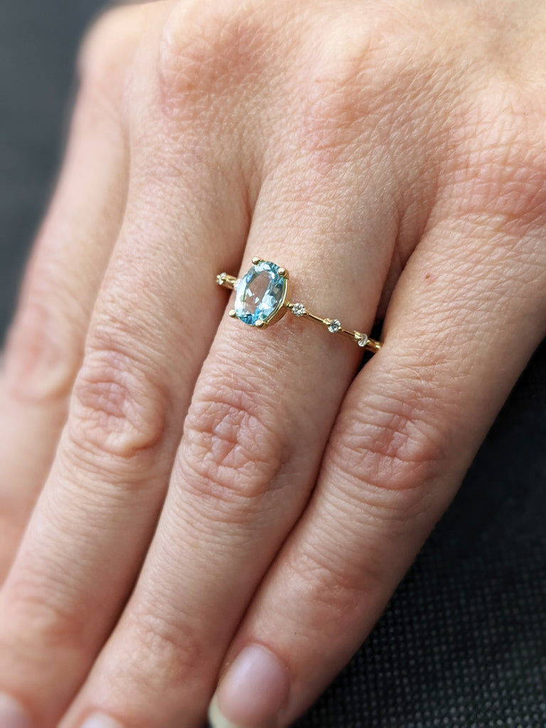 Vintage aquamarine engagement ring yellow gold oval shaped ring diamond/moissanite unique wedding bridal ring Anniversary Promise ring