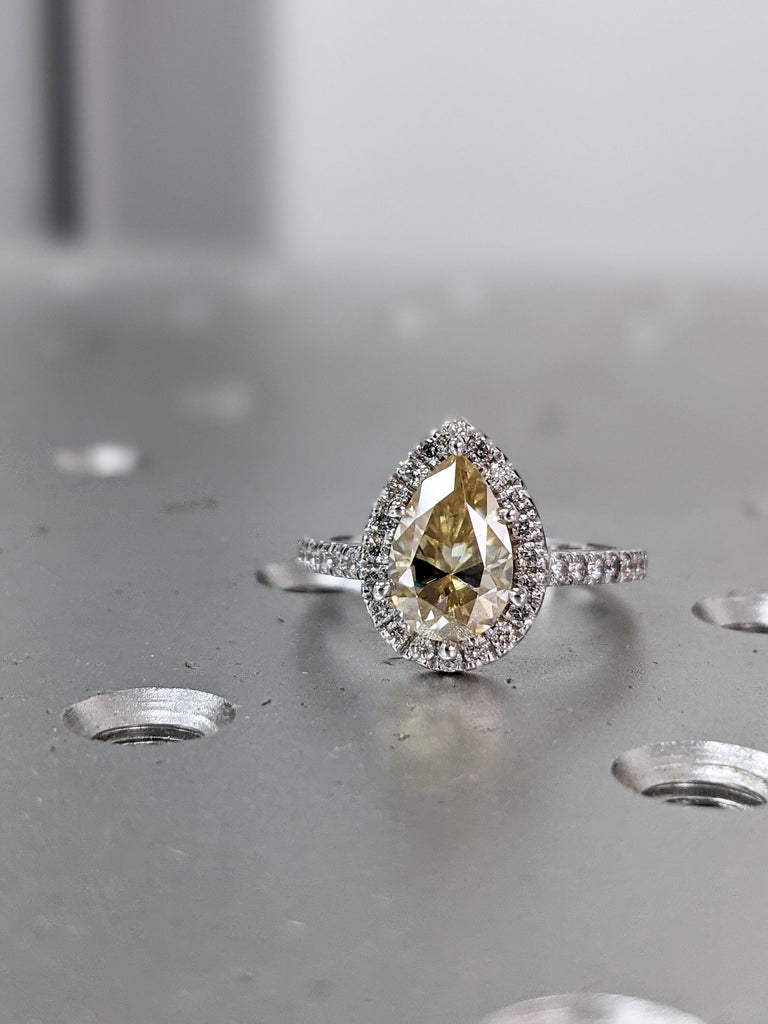 Canary Yellow Engagement Ring, 14K Solid Gold Halo Ring, pear halo, Moissanite Engagement Ring, Anniversary Ring, White Gold Ring