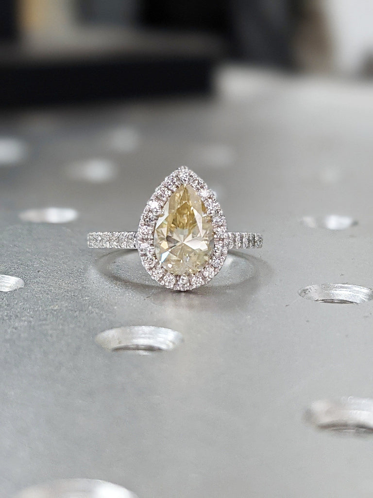 Yellow Moissanite Engagement Ring, Canary Yellow Engagement Ring, 14K Solid Gold Halo Ring, pear halo, Anniversary Ring, White Gold Ring