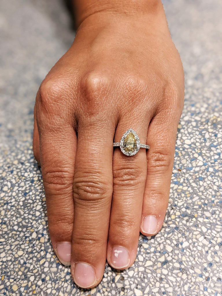 Yellow Moissanite Engagement Ring, Canary Yellow Engagement Ring, 14K Solid Gold Halo Ring, pear halo, Anniversary Ring, White Gold Ring