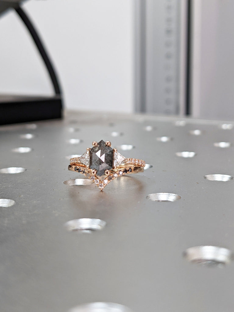 Raw Diamond Hexagon Triangle Diamond, Salt and Pepper, Unique Engagement Ring, Rose Cut Geometric Diamond Ring, 14k Gold, Custom Handmade