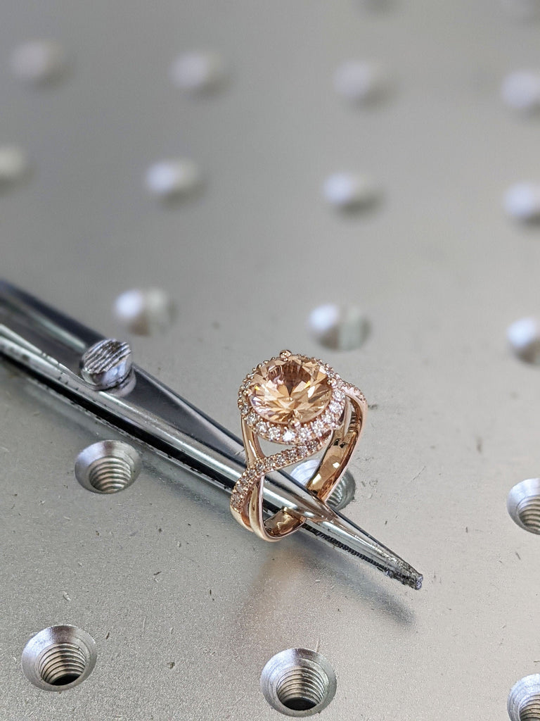 14k Rose Gold Twisted Halo, Morganite Diamond Halo Engagement Ring, Engagement Ring, Morganite Engagement Ring, Women Anniversary Gift