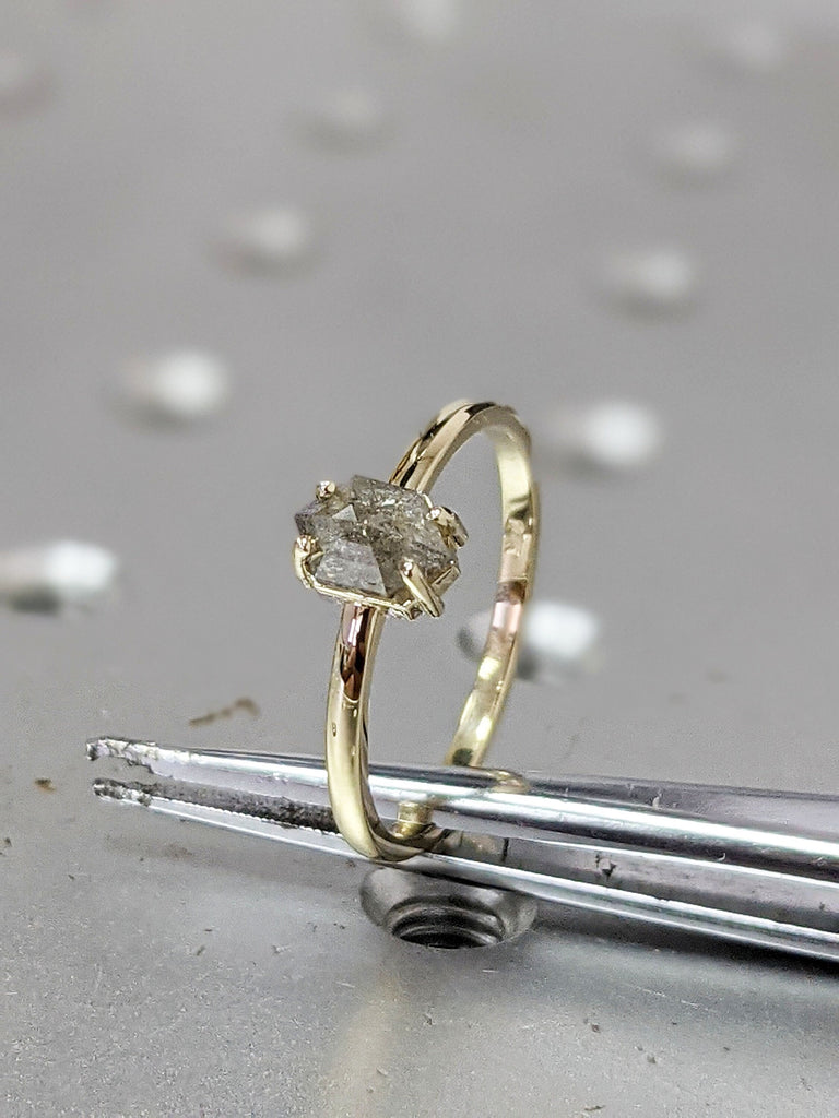 Bright 0.5ct Raw Diamond, Salt and Pepper, Hexagon, Unique Engagement Ring, Rose Cut Geometric Diamond Ring, 14k Gold, Custom Handmade