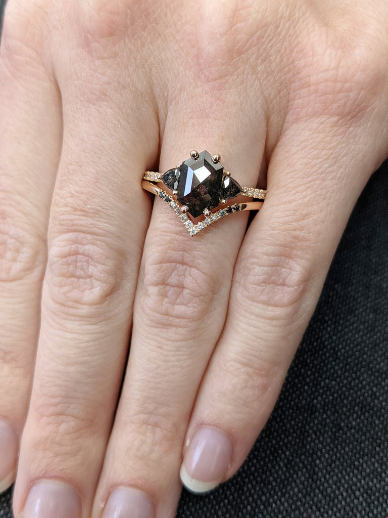 Raw Diamond Hexagon Triangle Diamond, Salt and Pepper, Unique Engagement Ring, Rose Cut Geometric Diamond Ring, 14k Gold, Custom Handmade