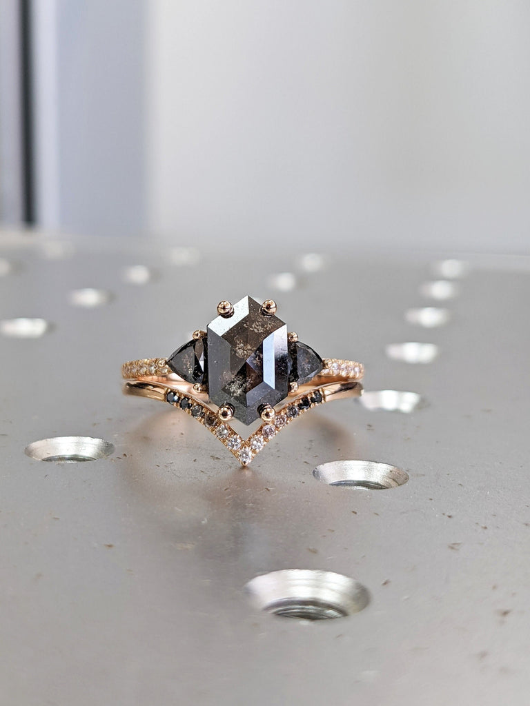 Raw Diamond Hexagon Triangle Diamond, Salt and Pepper, Unique Engagement Ring, Rose Cut Geometric Diamond Ring, 14k Gold, Custom Handmade