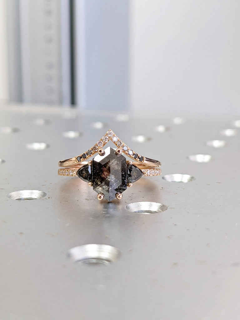 Raw Diamond Hexagon Triangle Diamond, Salt and Pepper, Unique Engagement Ring, Rose Cut Geometric Diamond Ring, 14k Gold, Custom Handmade