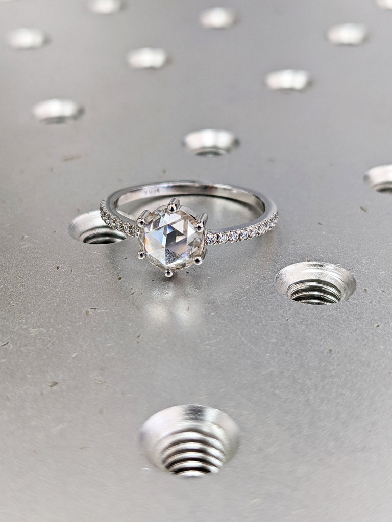 1.0 ct. Rose Cut Round Ring, Rose Cut Colorles Moissanite Engagement Ring, Vintage Ring, Heritage Ring, Antique Vintage Round Rose Cut