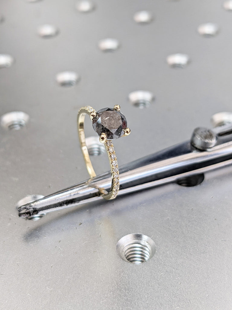 Salt and pepper Diamond engagement ring vintage wedding ring solitaire pave ring unique rose gold diamond art deco Wedding anniversary ring