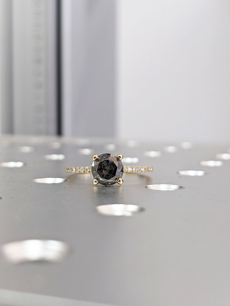 1920's Raw Salt and Pepper Diamond, Round Diamond Ring, Unique Engagement Bridal Set, Black, Gray Oval, 14k Yellow, Rose, or White Gold