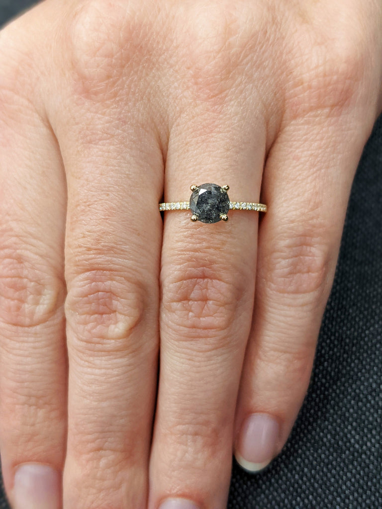 1920's Raw Salt and Pepper Diamond, Round Diamond Ring, Unique Engagement Bridal Set, Black, Gray Oval, 14k Yellow, Rose, or White Gold