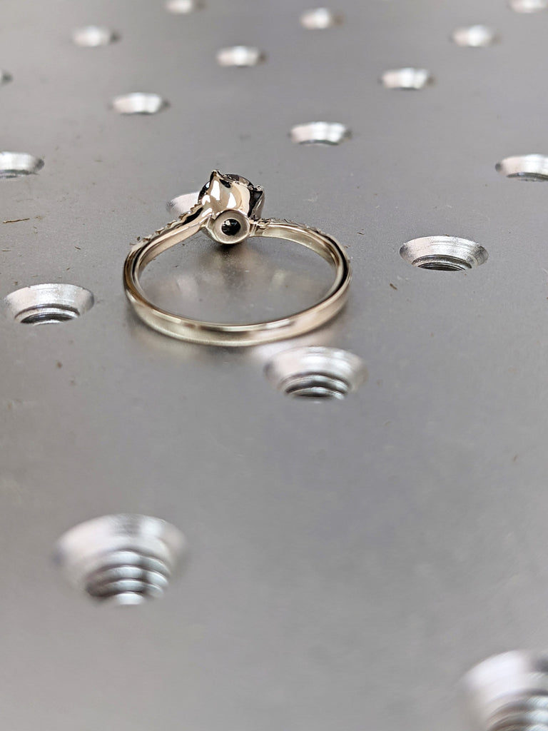 Raw Salt And Pepper Diamond engagement Ring, Twisted Band Wedding Ring, Swirl solitaire ring, Unique Hidden Halo Diamond ring