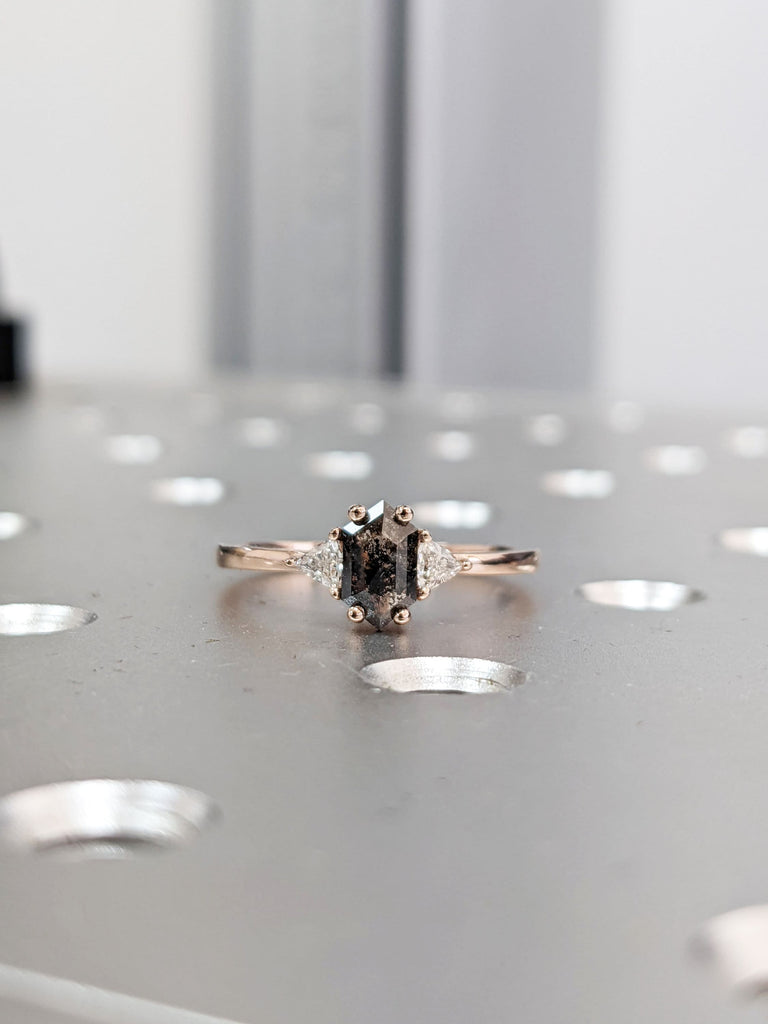 Raw Diamond Hexagon Triangle Diamond, Salt and Pepper, Plain Unique Bridal Engagement Set, Rose Cut Geometric Diamond Ring, Custom Handmade