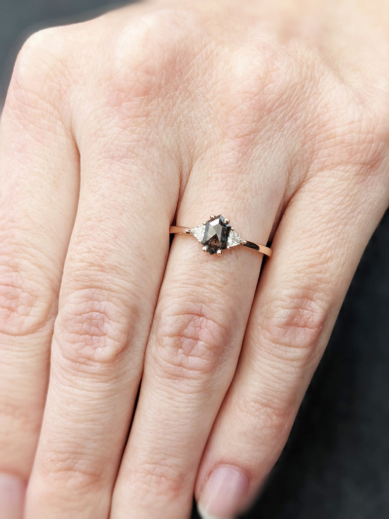 0.5 ct. Raw Diamond Hexagon Triangle Diamond, Salt and Pepper, Plain Unique Bridal Engagement Set, Rose Cut Geometric Diamond Ring