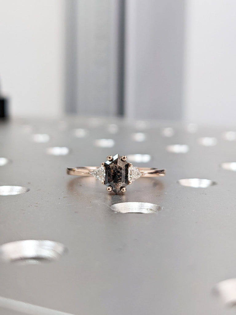 0.5 ct. Raw Diamond Hexagon Triangle Diamond, Salt and Pepper, Plain Unique Bridal Engagement Set, Rose Cut Geometric Diamond Ring