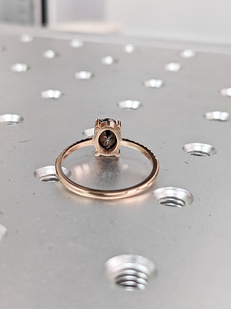 1920's Raw Salt and Pepper Diamond, Oval Diamond Ring, Unique Engagement Bridal Set, Black, Gray Oval, 14k Yellow, Rose, or White Gold