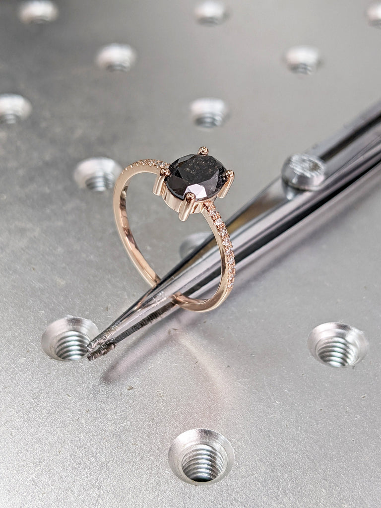 1920's Raw Salt and Pepper Diamond, Oval Diamond Ring, Unique Engagement Bridal Set, Black, Gray Oval, 14k Yellow, Rose, or White Gold