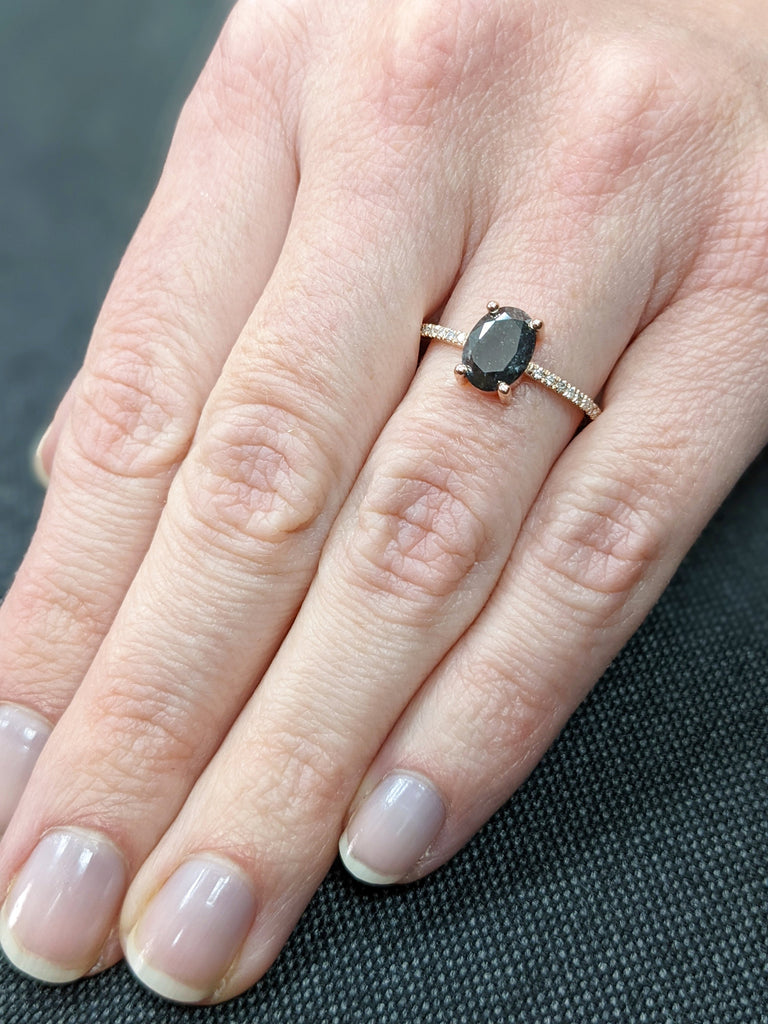 1920's Raw Salt and Pepper Diamond, Oval Diamond Ring, Unique Engagement Bridal Set, Black, Gray Oval, 14k Yellow, Rose, or White Gold
