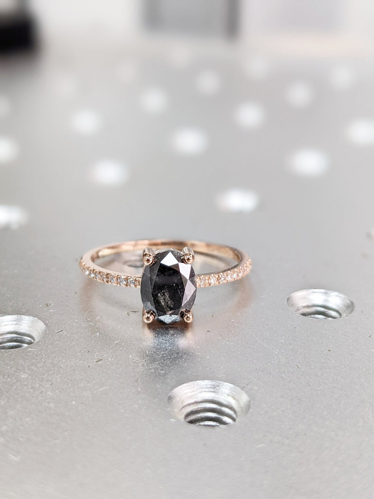 1920's Raw Salt and Pepper Diamond, Oval Diamond Ring, Unique Engagement Bridal Set, Black, Gray Oval, 14k Yellow, Rose, or White Gold