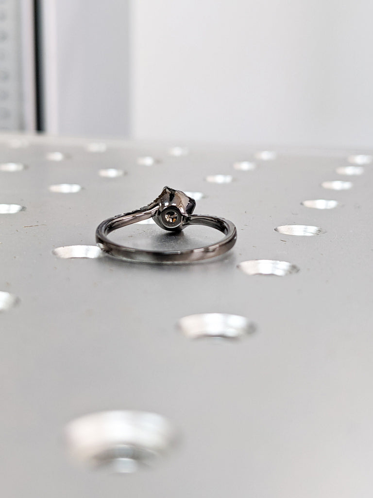 Raw Salt And Pepper Diamond Ring, Salt And Pepper Diamond Ring, Twisted Band Wedding Ring, bypass solitaire, Unique Hidden Halo Diamond ring