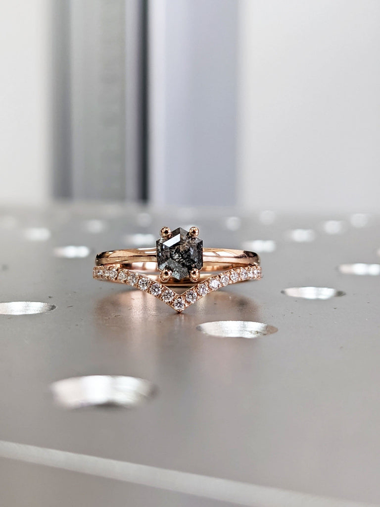 Raw Diamond, Salt and Pepper, Hexagon, Unique Engagement Ring, Bridal Set, Rose Cut Geometric Diamond Ring, 14k Gold, Custom Handmade