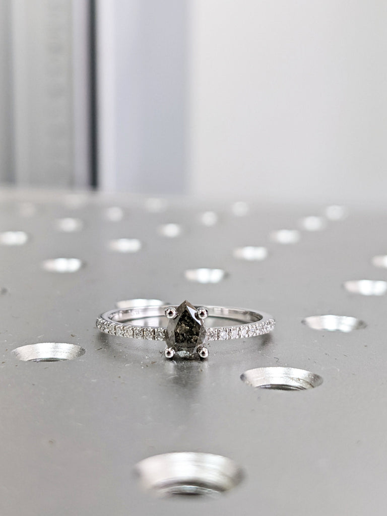 0.5 Carat 1920's Raw Salt and Pepper Diamond, Pear Diamond Ring, Unique Engagement Bridal Set, Black, Gray Pear, 14k Yellow, Rose White Gold