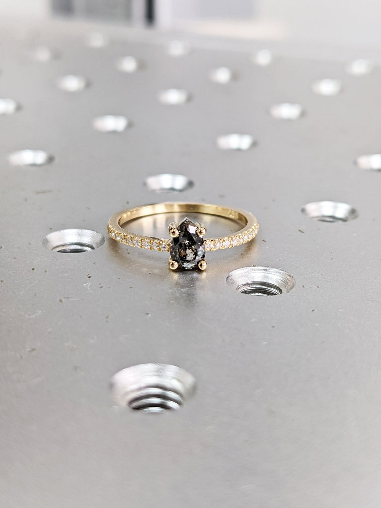 0.5ct 1920's Raw Salt and Pepper Diamond, Pear Diamond Ring, Unique Engagement Bridal Set, Black, Gray Pear, 14k Yellow, Rose, or White Gold