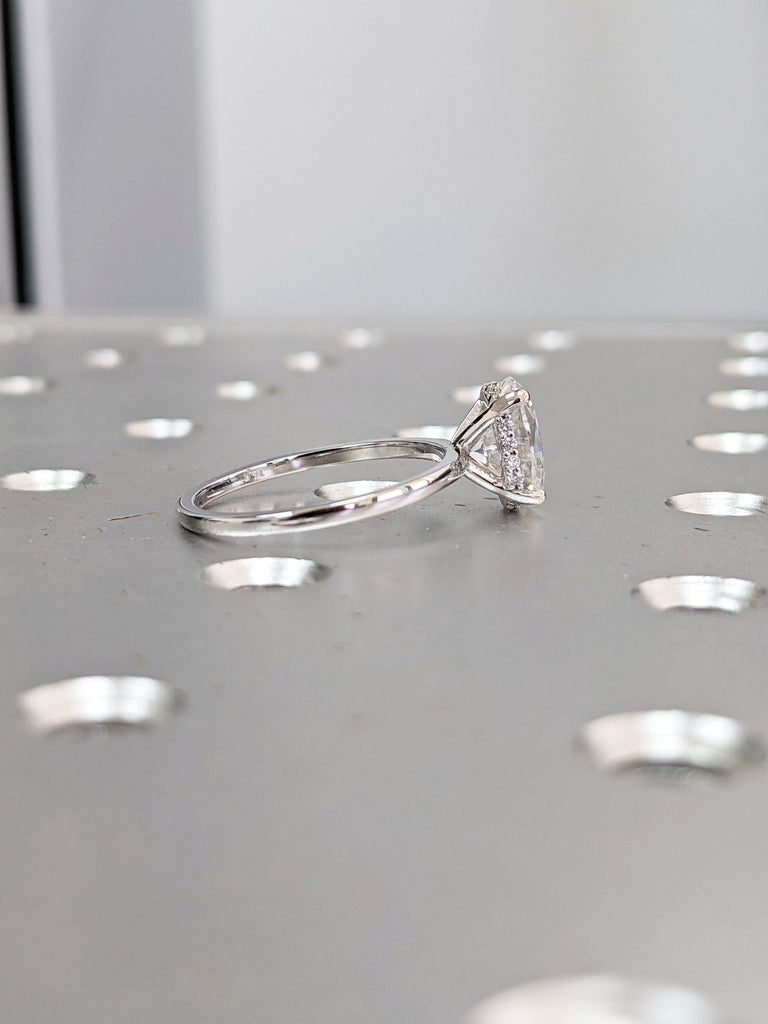 Hidden halo engagement ring, solitaire oval moissanite ring, Hidden Halo 6x8mm Oval Cut Solitaire Engagement Ring in 14K White gold.