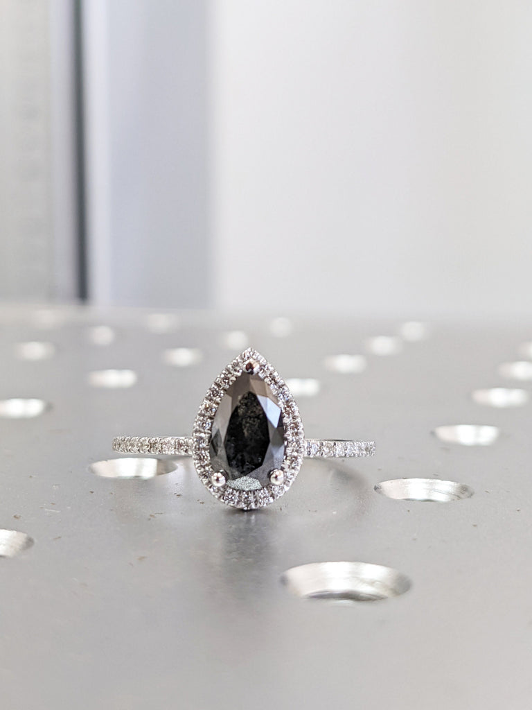 1920's Raw Salt and Pepper Diamond Halo, Pear Diamond Halo Ring, Unique Engagement Bridal Set, Black, Gray Pear, 14k Yellow Rose White Gold