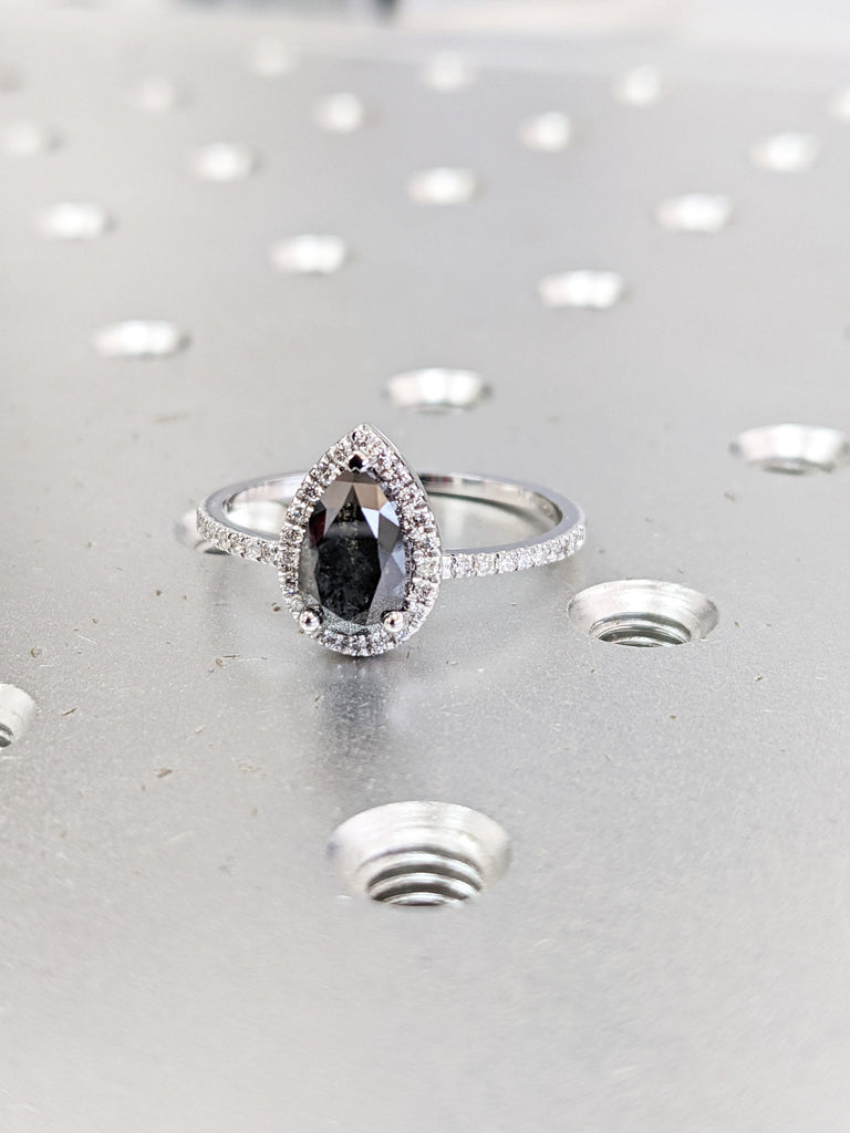 1920's Raw Salt and Pepper Diamond Halo, Pear Diamond Halo Ring, Unique Engagement Bridal Set, Black, Gray Pear, 14k Yellow Rose White Gold