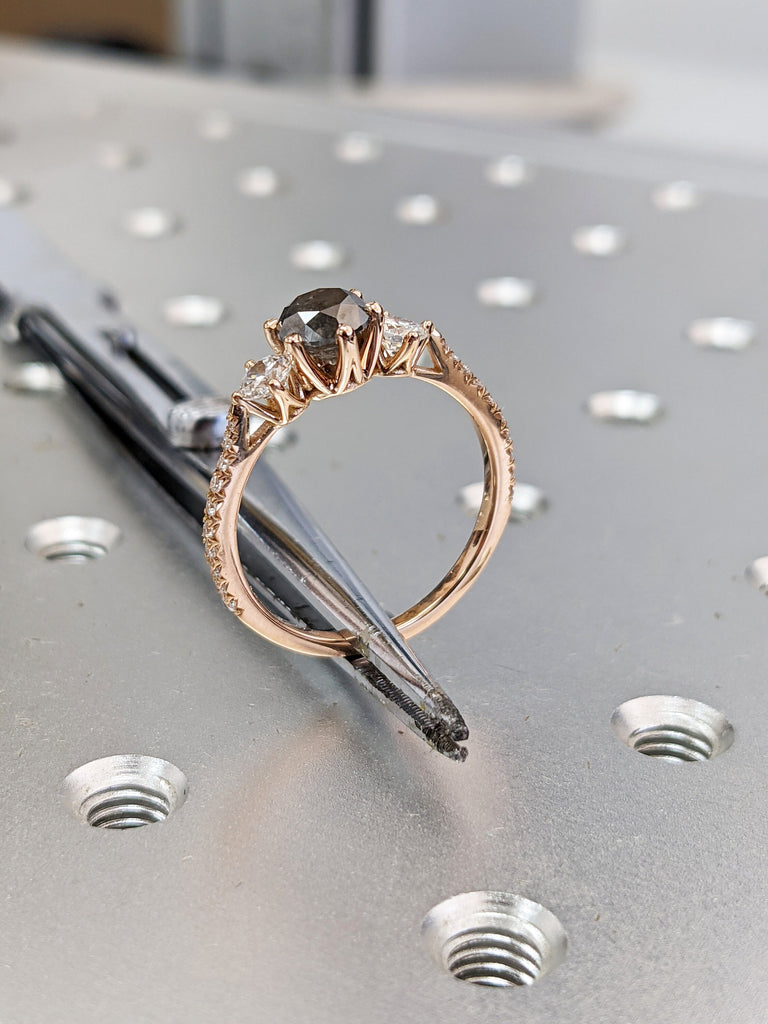 Raw Salt And Pepper Diamond Ring White Gold Three Stone Salt And Pepper Diamond Anniversary Ring, 3 Stone Ring, three stone ring