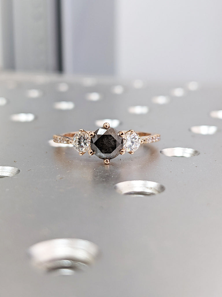 Raw Salt And Pepper Diamond Ring White Gold Three Stone Salt And Pepper Diamond Anniversary Ring, 3 Stone Ring, three stone ring