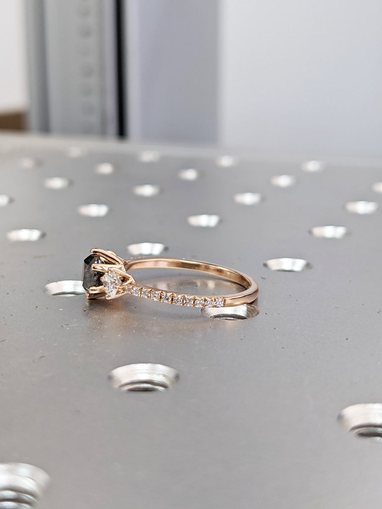 Raw Salt And Pepper Diamond Ring White Gold Three Stone Salt And Pepper Diamond Anniversary Ring, 3 Stone Ring, three stone ring