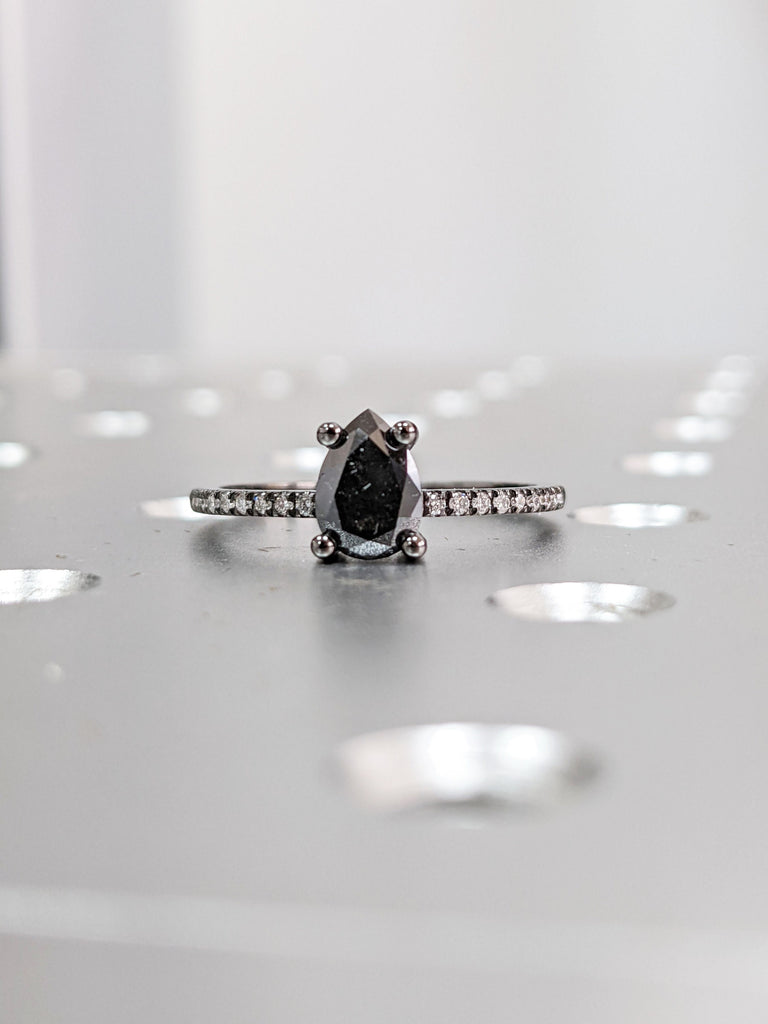 0.5 Carat 1920's Raw Salt and Pepper Diamond, Pear Diamond Ring, Unique Engagement Bridal Set, Black, Gray Pear, 14k Black Gold
