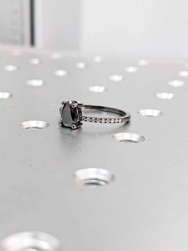 0.5 Carat 1920's Raw Salt and Pepper Diamond, Pear Diamond Ring, Unique Engagement Bridal Set, Black, Gray Pear, 14k Black Gold