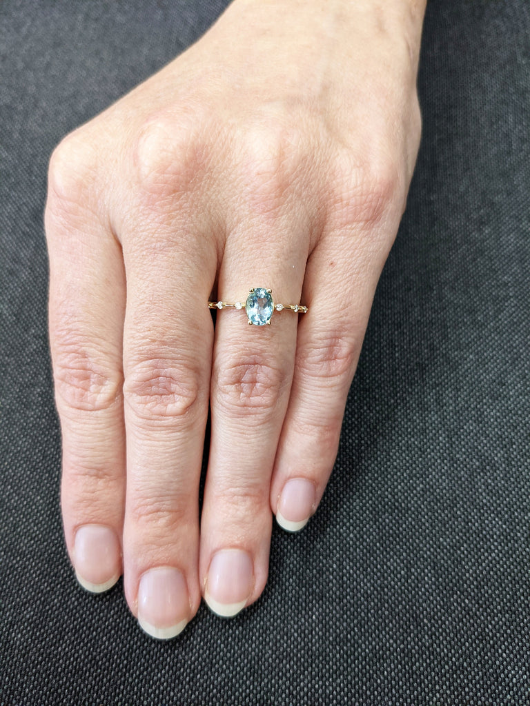 Vintage aquamarine engagement ring yellow gold oval shaped ring diamond/moissanite unique wedding bridal ring Anniversary Promise ring