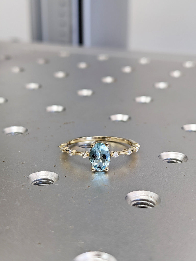 Vintage aquamarine engagement ring yellow gold oval shaped ring diamond/moissanite unique wedding bridal ring Anniversary Promise ring