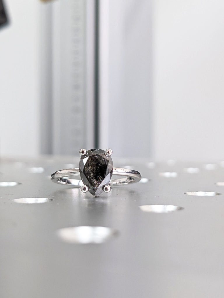 Raw Salt and Pepper Diamond, Rose Cut Pear Diamond Ring, Unique Engagement, Black, Gray Pear, 14k Yellow, Rose, or White Gold